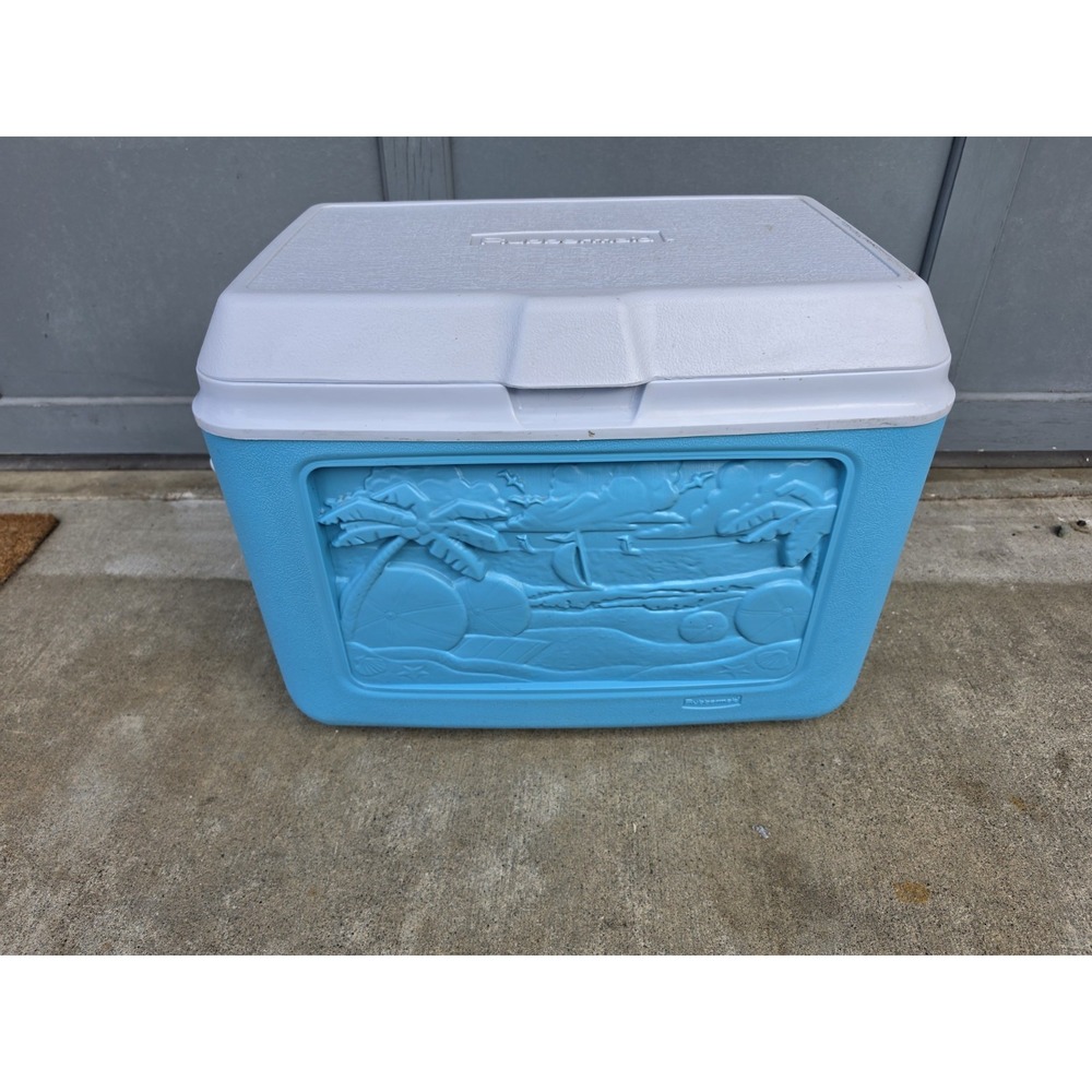 Vtg 90s Rubbermaid Tropical Palm Tree Cooler Ice Chest Turquoise Sail Boat Party